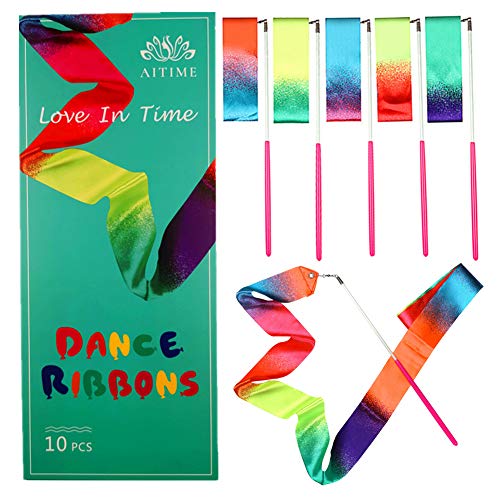 AITIME 10 Pieces 2 Meters Gym Gymnastics Dance Ribbons,Rainbow Dancer Ribbons with Twirling Wands for Kids Dancing,CE and EN71 Approved, Starry Sky Colors